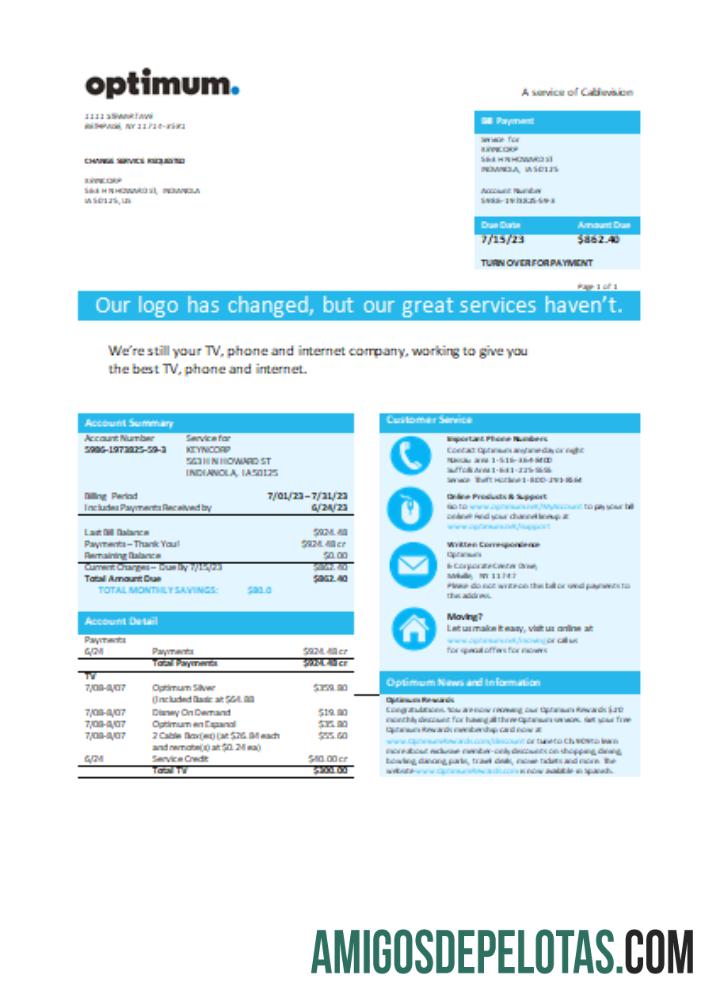 Projeto de Lei de Negócios Optimum Cablevision de Nova York, SCR exemplo